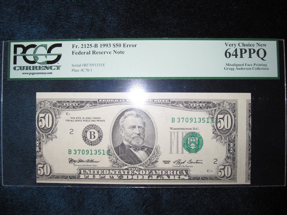 1993 $50 PCGS 64 PPQ FR2125-B PRINTING ERROR NOTE BILL MISALIGNMENT MISALIGNED