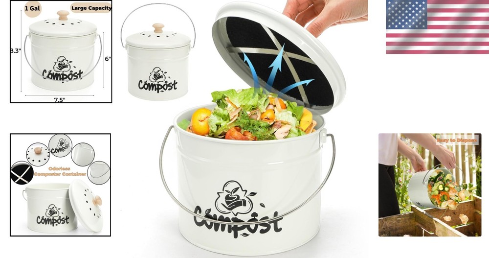 Kitchen Compost Bin 1 Gallon Odorless Food Waste Container with Charcoal Filter