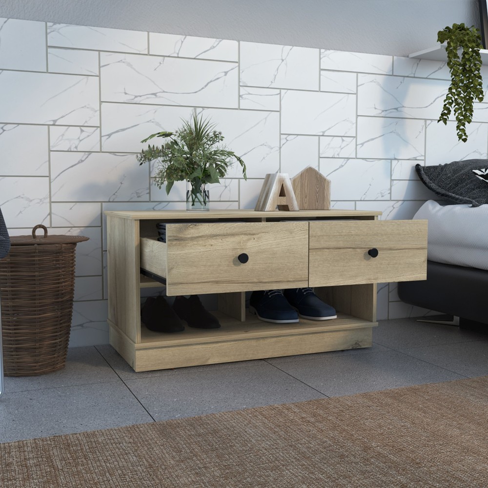 Hamilton Storage Bench, Two Open Shelves, Two Drawers -Light Oak