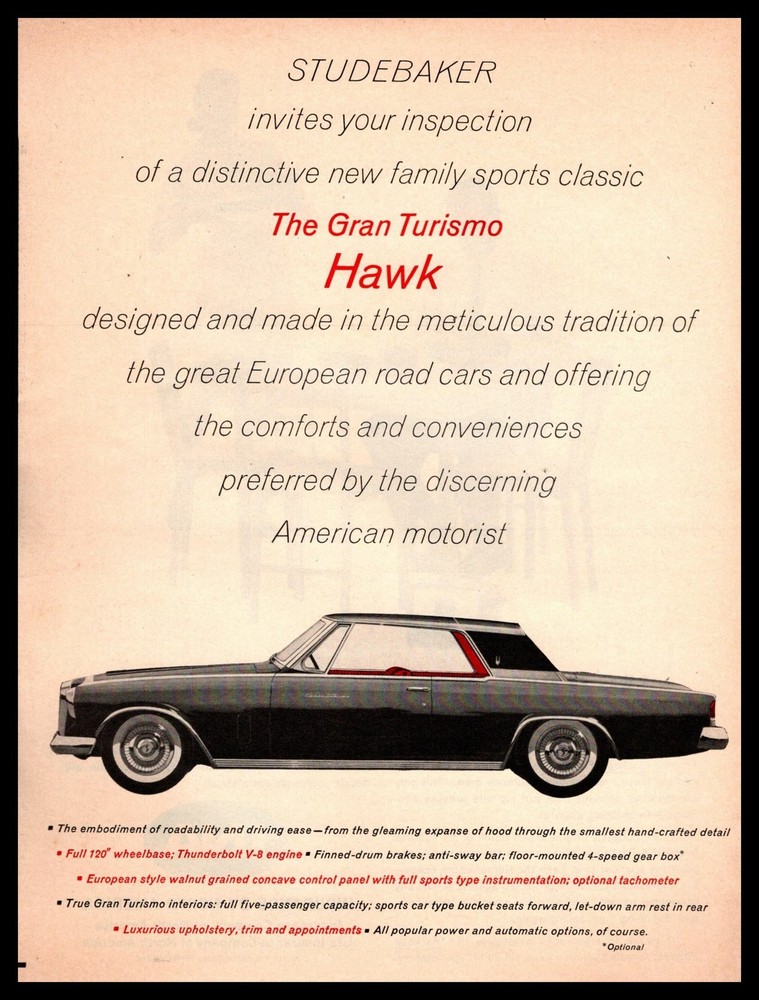 1961 Studebaker Gran Turismo Hawk 2-Door Thunderbolt V-8 Engine 4-Speed Print Ad