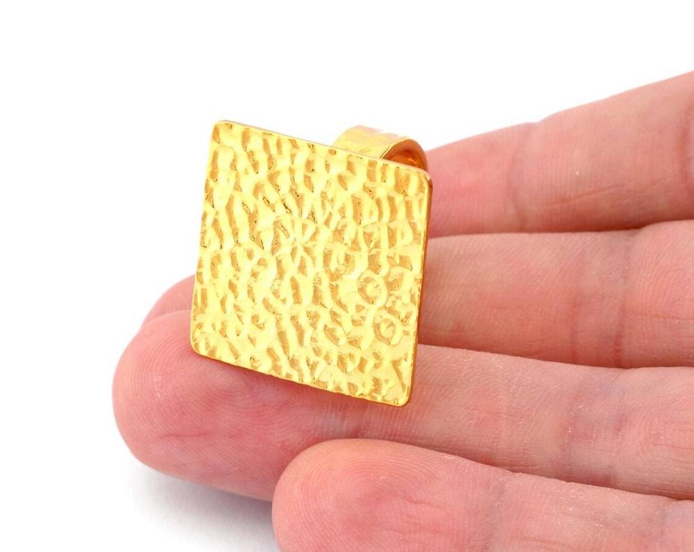 Square Hammered Adjustable Ring Blank Bezel Base - Shiny Gold Plated Brass 4934