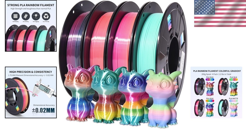 Shiny Rainbow PLA 3D Printer Filament Bundle - 4 Pack, 1.75mm, 200g Each