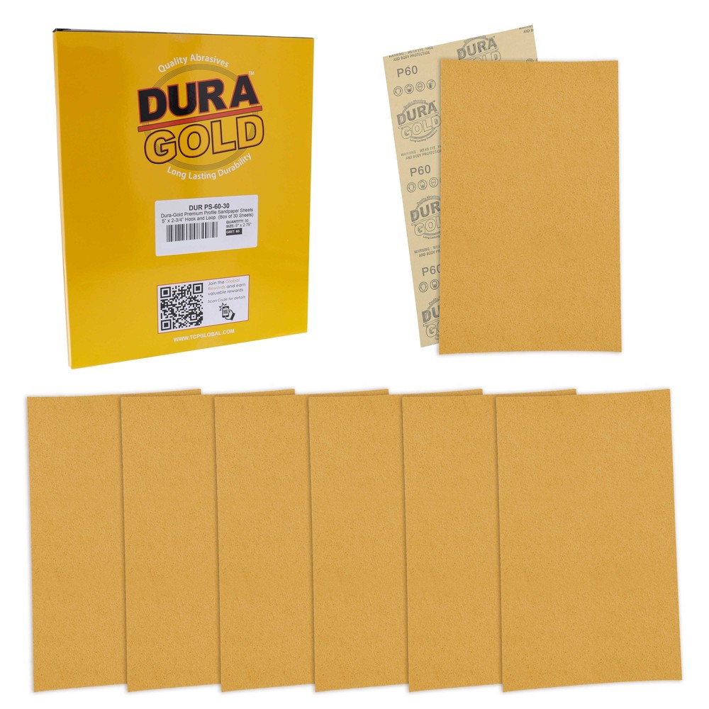 5" x 2.75" Sandpaper Sheets, 60 Grit - 30 Hook & Loop Sheets - Hand Sanding
