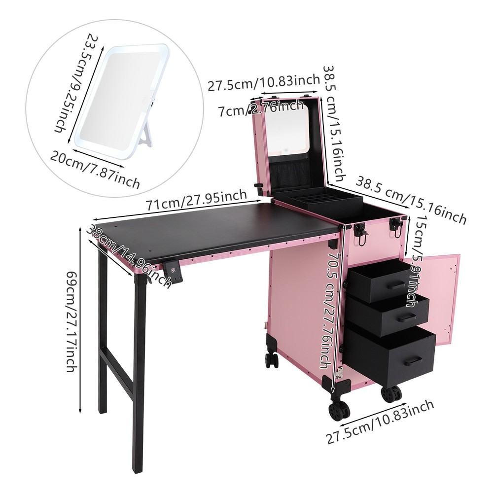 LED Light Rolling Makeup Train Case Nail Art Manicure Make-up Trolley Box Mirror