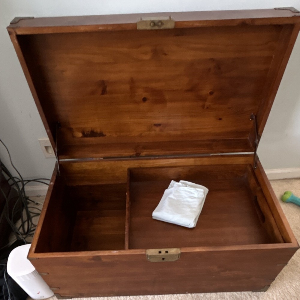 Brown Solid Wood Storage Chest with Brass Handles, Hinged Lid, Internal Tray