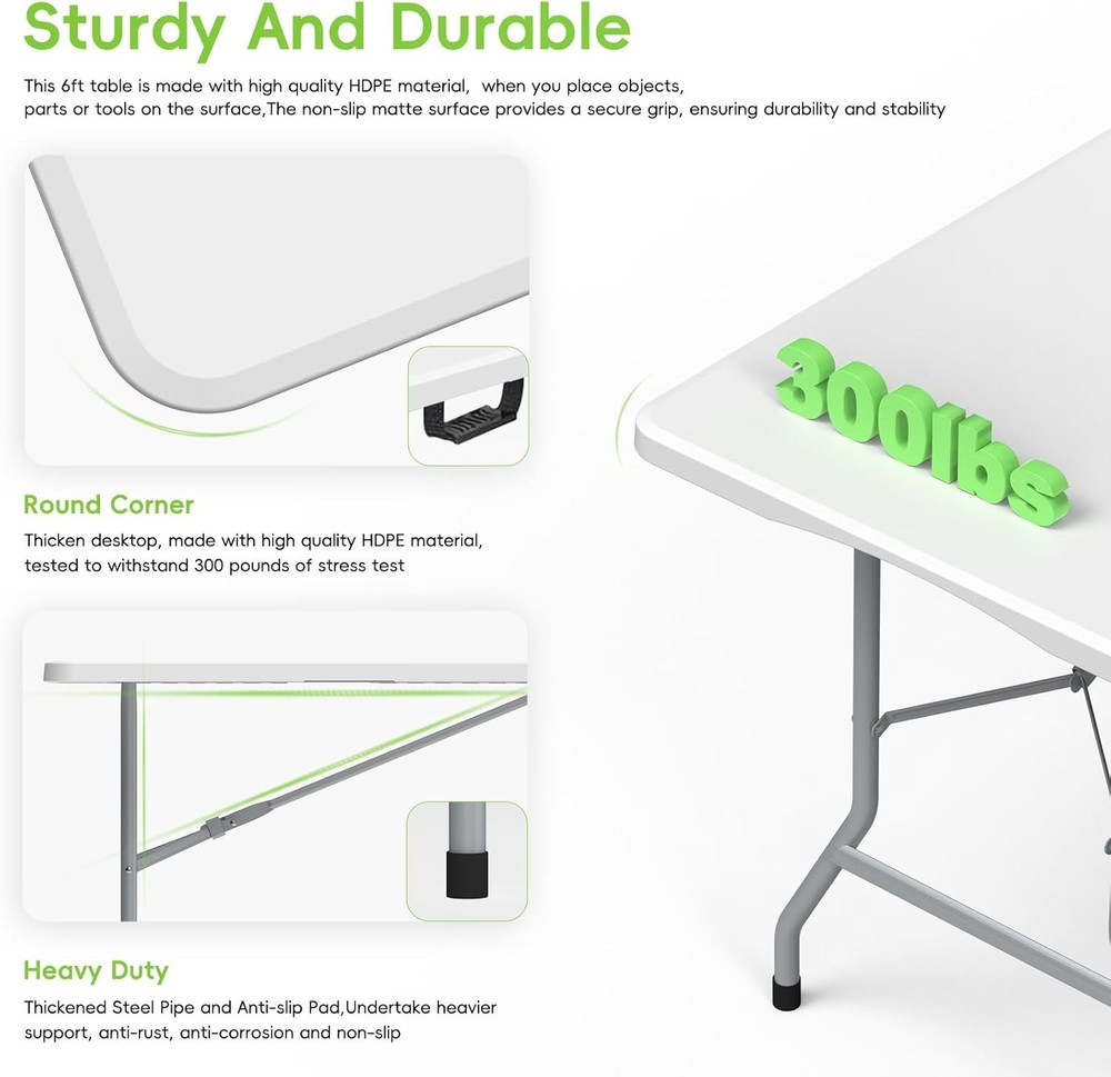 6ft Folding Picnic Table with 2 Benches Portable White