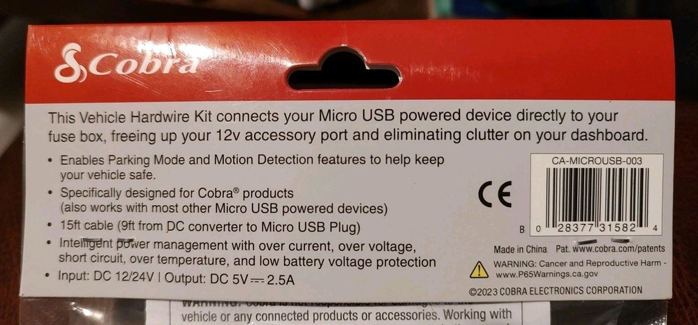 Cobra Hardwire Kit Micro USB with Battery Drain Protection