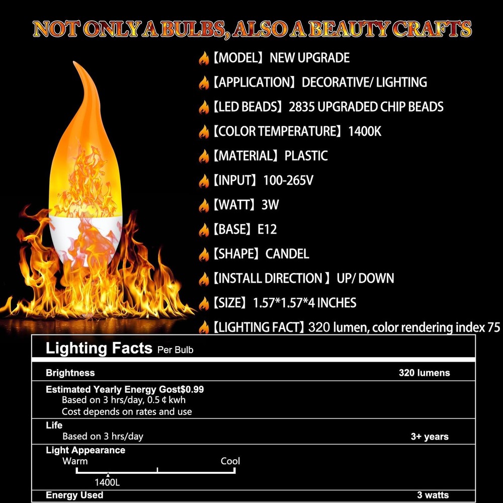 E12 LED Flickering Candelabra Flame Effect Light Bulbs - Upgrade Flicker