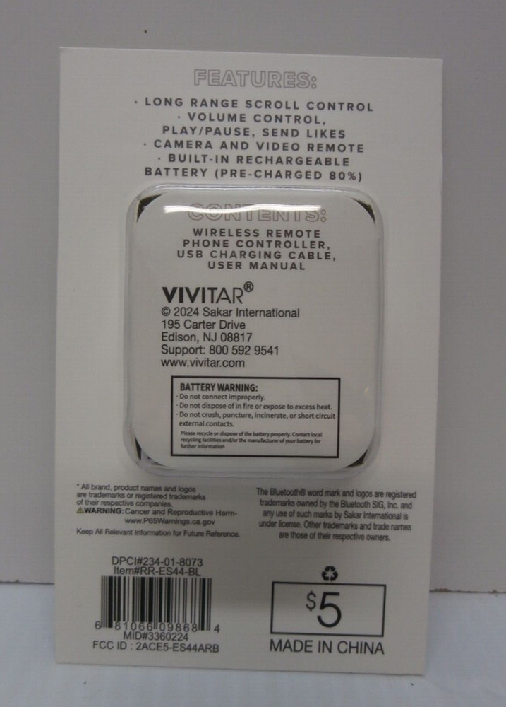 Vivitar Wireless Remote Phone Controller - Bluetooth - Pink/White - NEW