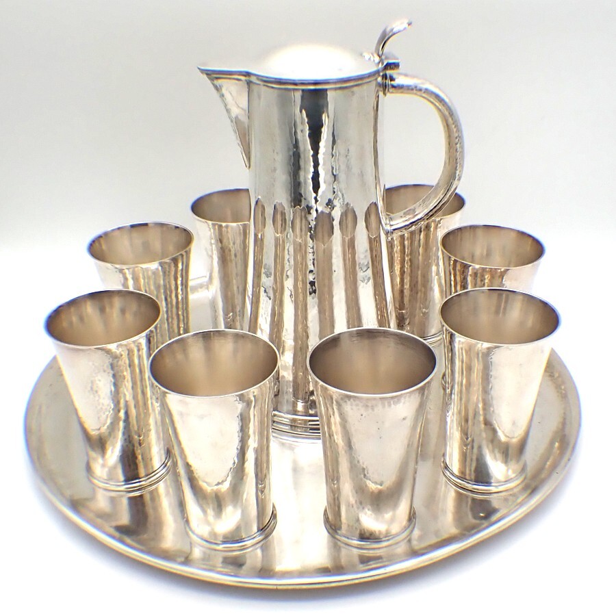 Cocktail Set 8 Cups Tray Pitcher German 835 Silver Hammered