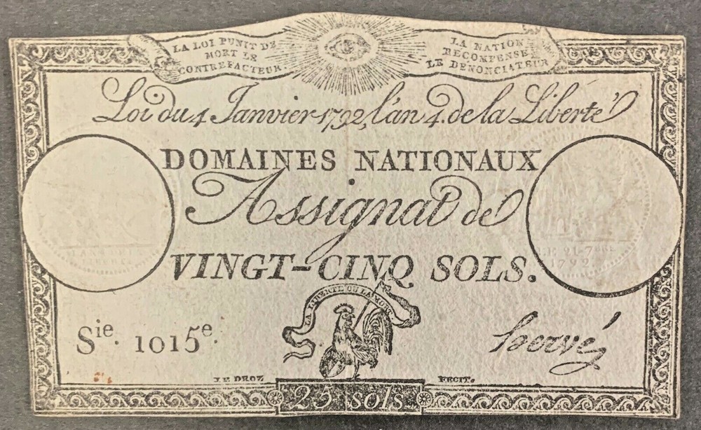 FRENCH REVOLUTION 1792 PRINTED 25 Sols Note