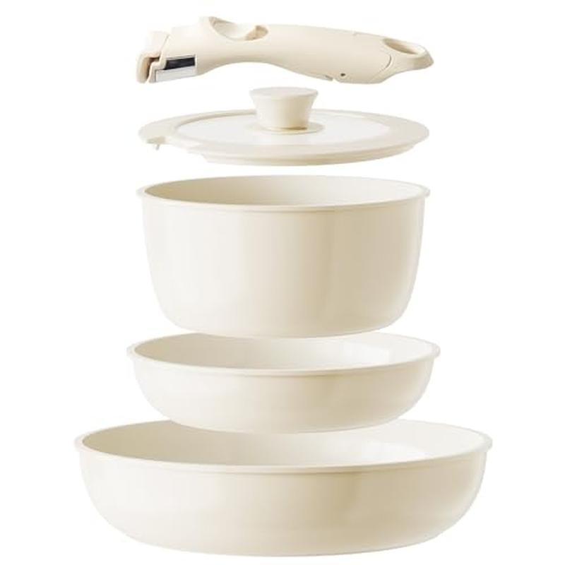 Nonstick Ceramic RV Cookware Set Stackable 5pc Pots & Pans Removable Handle New