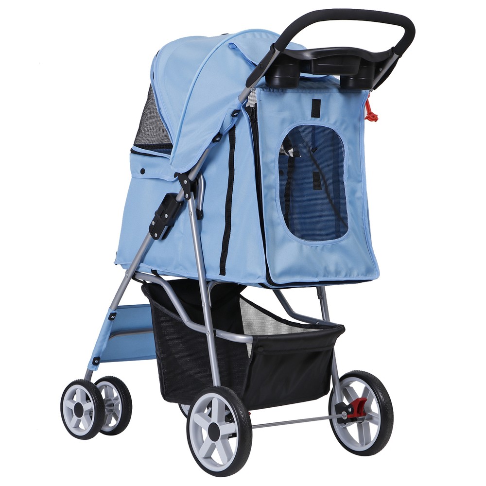 4 Wheel Pet Stroller Foldable Dog Stroller Cat Stroller with Storage Basket Blue