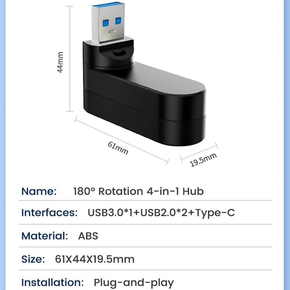 Elegant 4-Port USB 3.0 Hub with Rotatable Design & PD USB-C - Fast Data Transfer