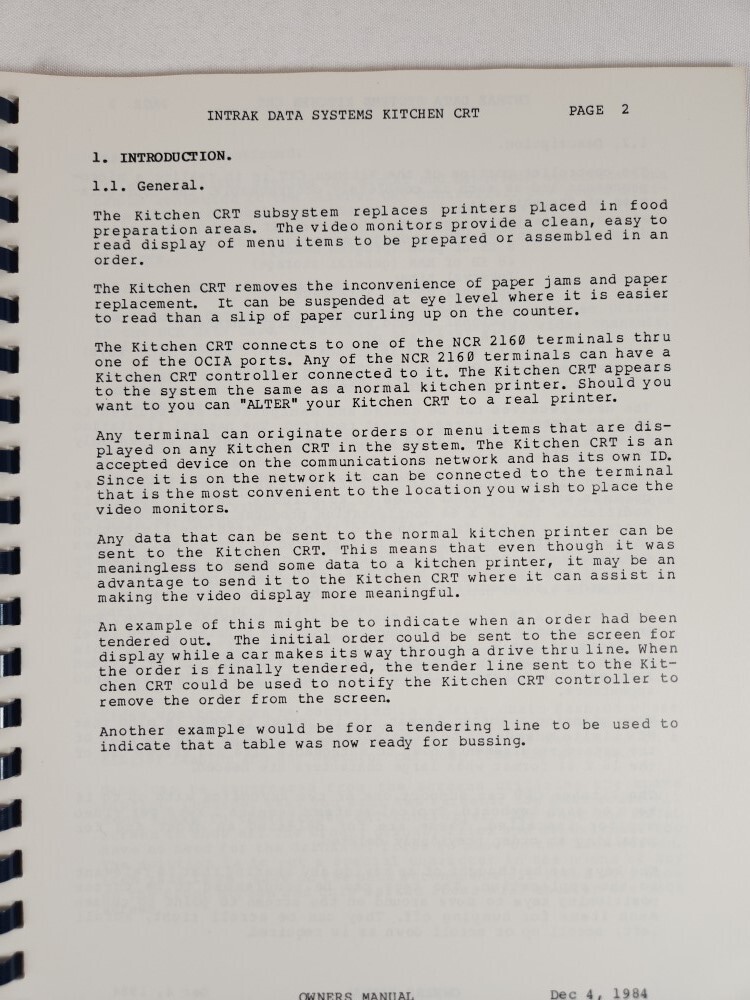 Intrak Data Systems Kitchen CRT Sub-System Owner's Manual Release 1.1 (1984)