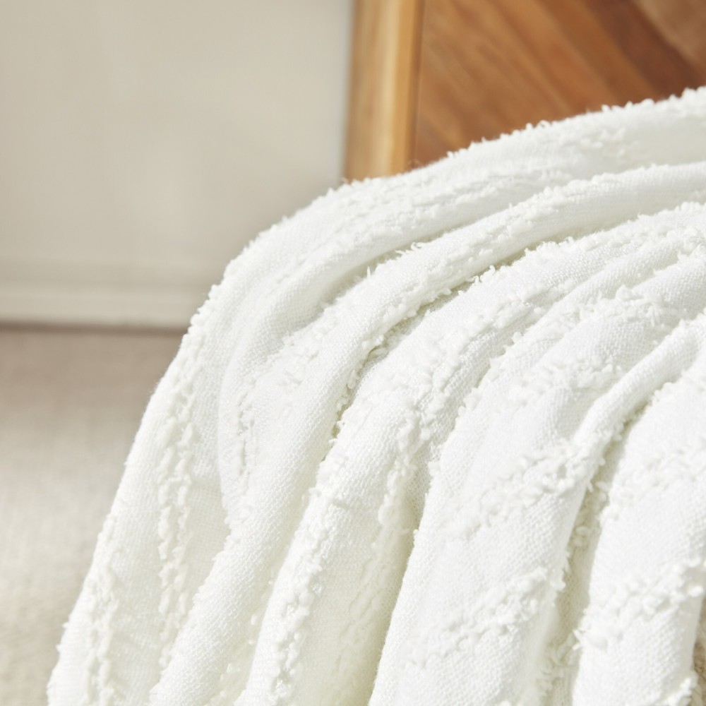 NARNIAR Solid White Jacquard Textured Decorative Throw with Fringes 50x60"