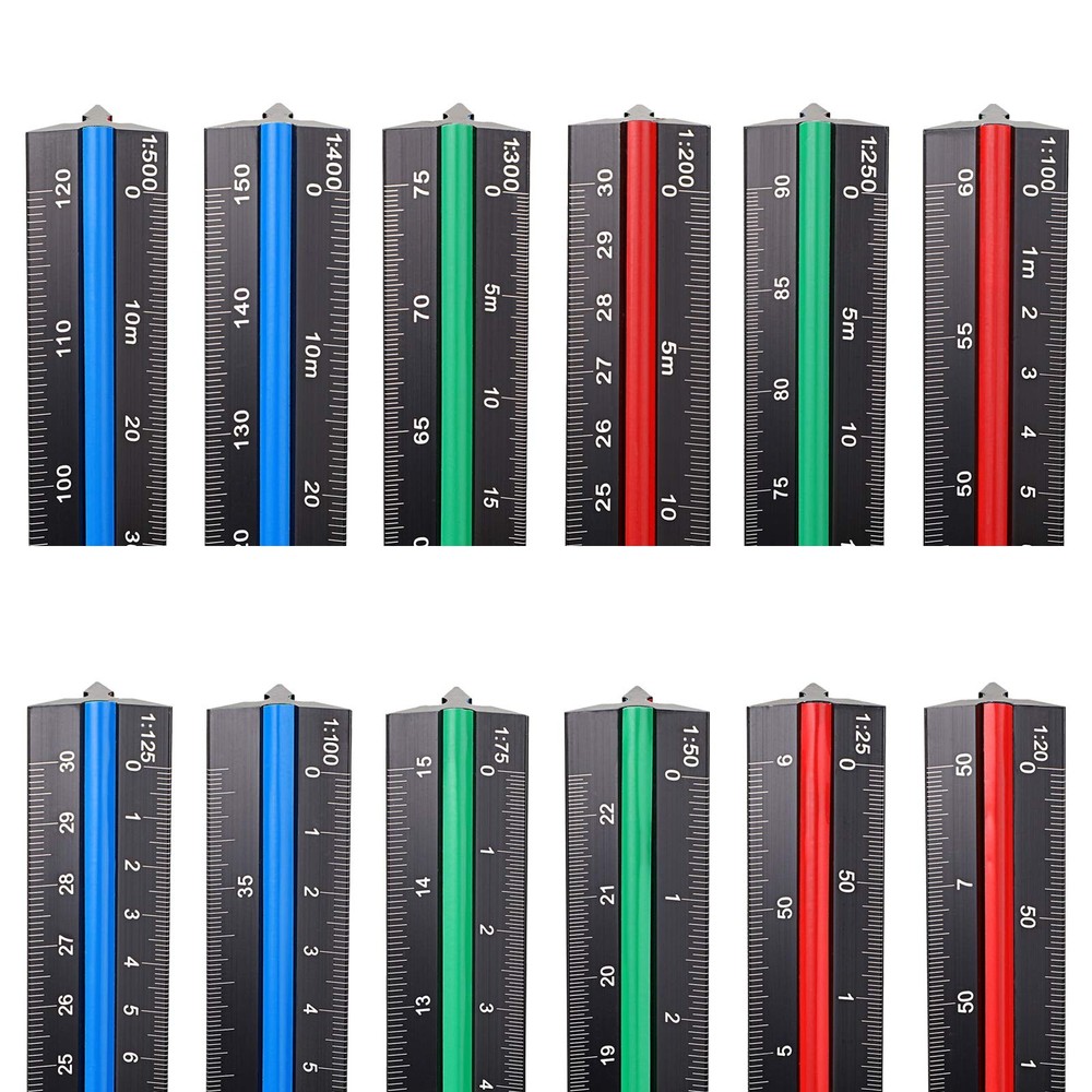 OwnMy 3 Pack 30CM Solid Aluminum Triangular Architect Scale Ruler Multicolor