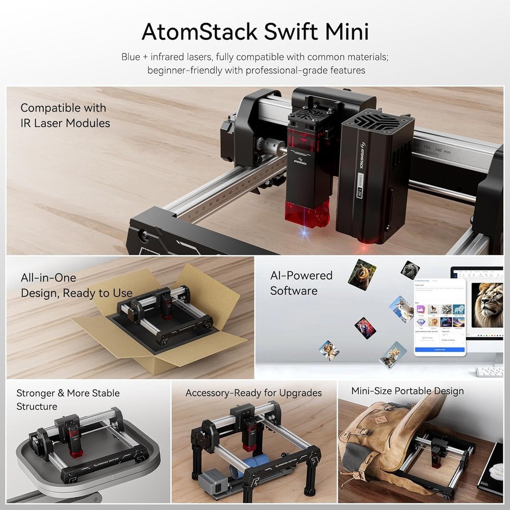 ATOMSTACK SWIFT MINI Laser Engraver 3W, Fully Pre-Assembled 135×145mm Area