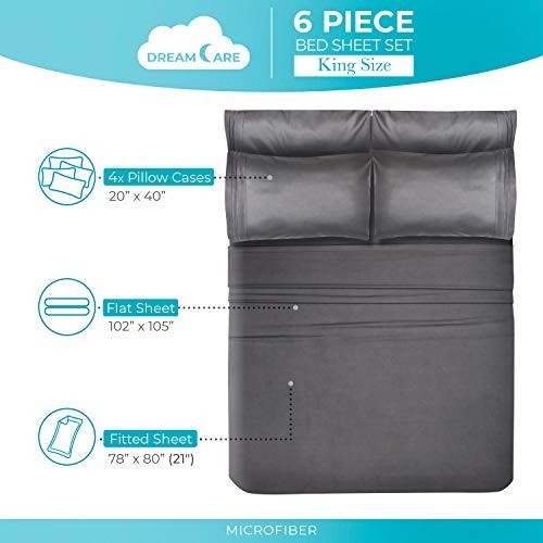 Cooling King Size Sheet Set - 6 pcs Deep Pocket 21" - Soft Microfiber Luxury Gra