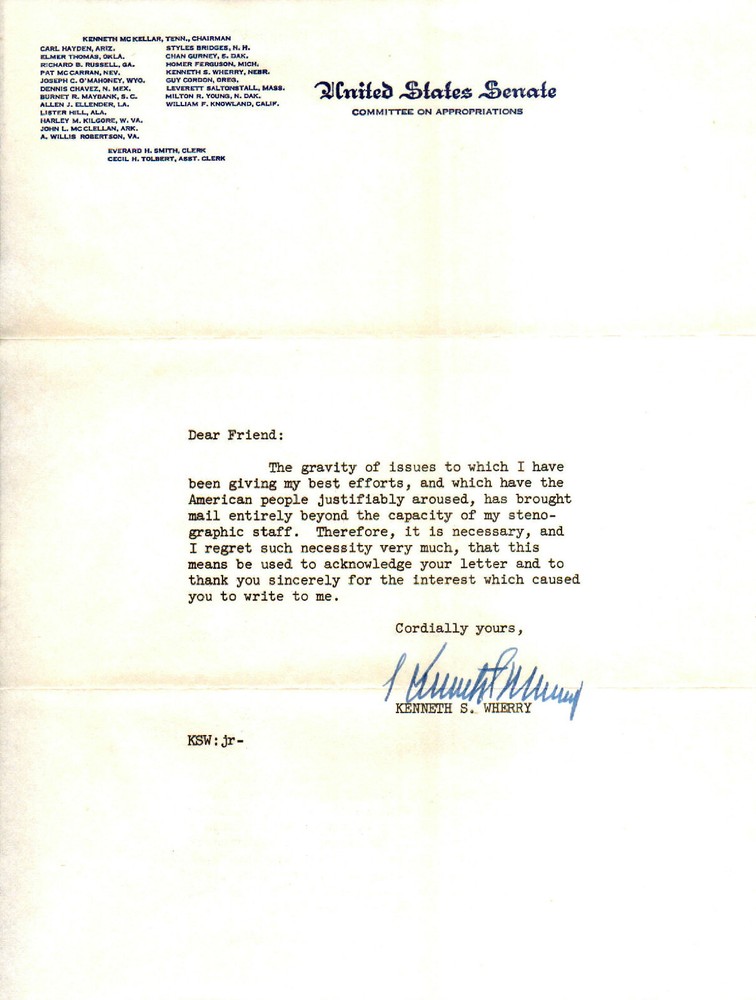 KENNETH WHERRY (+1951) - U.S. Senator (R-NEB)(43-51) - Autograph Letter