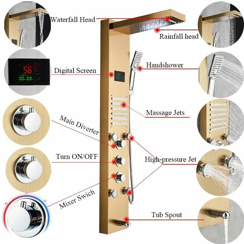 LED Shower Panel Tower System Rain&Waterfall Massage Jet Spraye Brushed Gold
