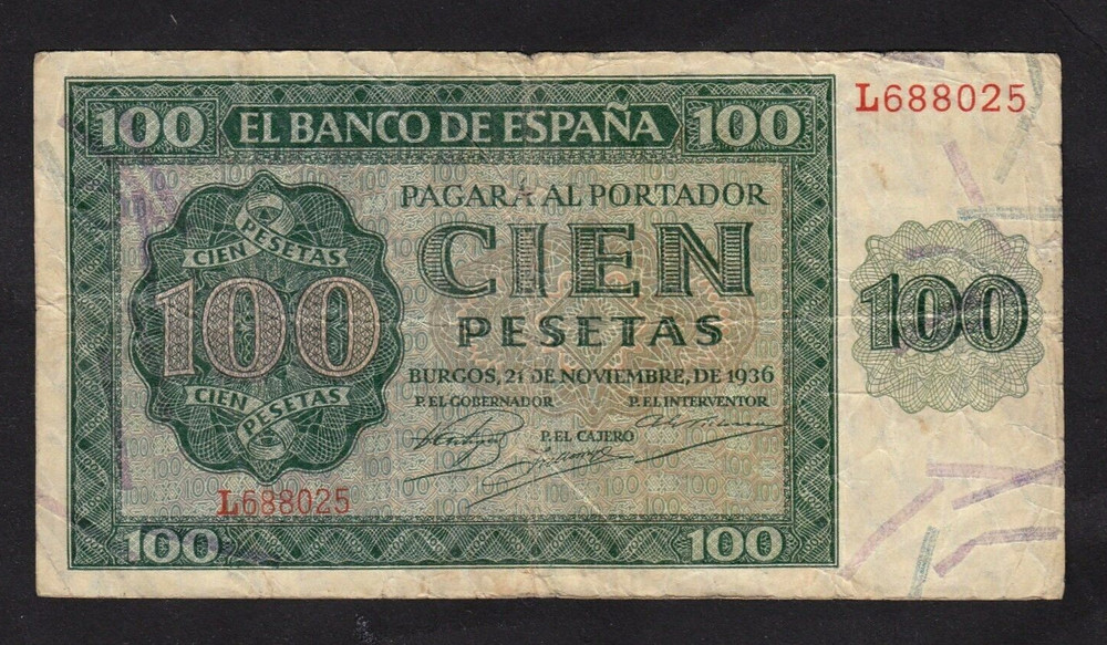 Spain 100 Pesetas 1936 P-101a  VG+
