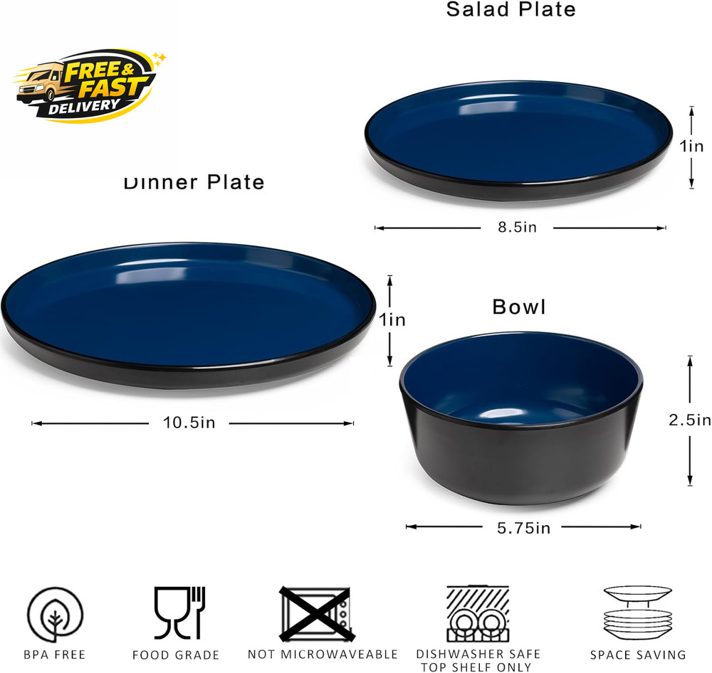 Melamine Dinnerware Sets, 12 Pcs Unbreakable Plates and Bowls Set, Outdoor Dinne
