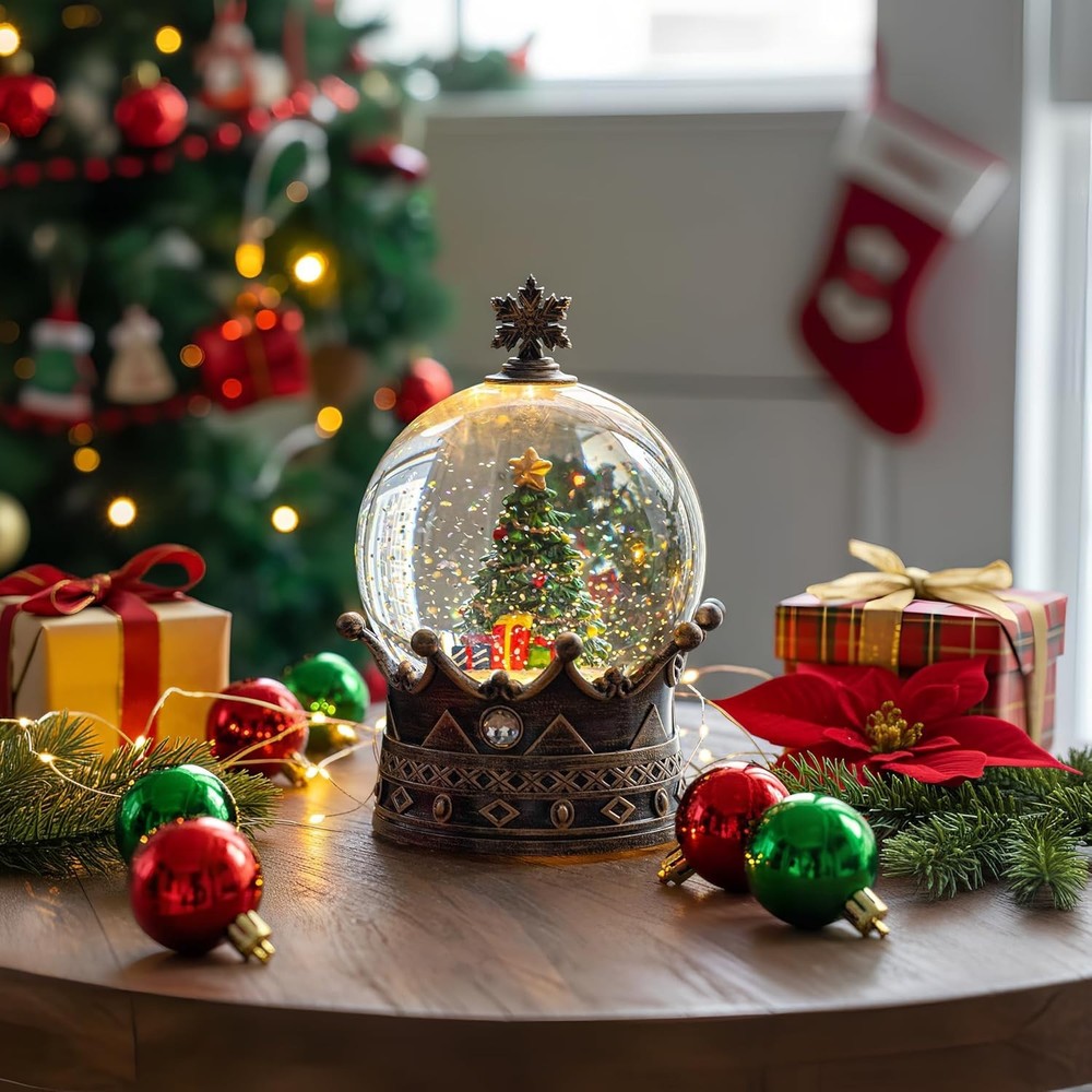 Charming Glittering Christmas Tree Crown Snow Globe with USB & Battery Modes