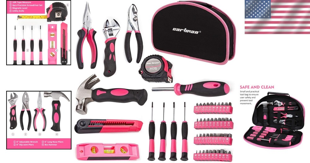 Ultimate 52-Piece Hand Tool Set in Pink - Transportable and Multi-Functional