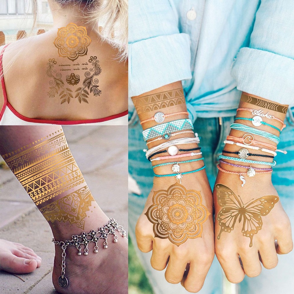 Bilizar 9 Sheets 110+ Designs Flash Gold Temporary Tattoos Large,