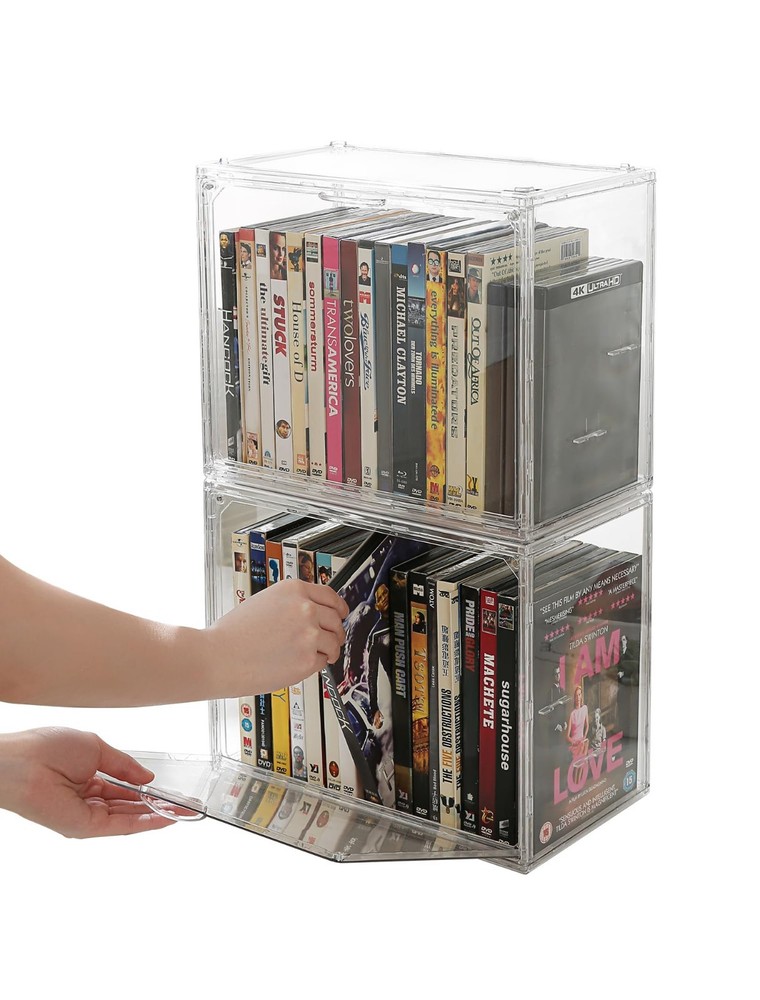 Stackable DVD Storage Box - 2-Pack Clear Organizer for CDs, Blu-ray, Video Games