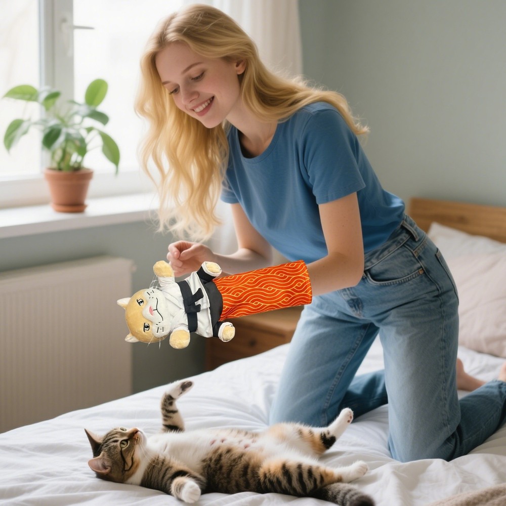 Cat Karate Kitty Puppet Cat Wrestling Puppet with Protective Forearm Sleeve