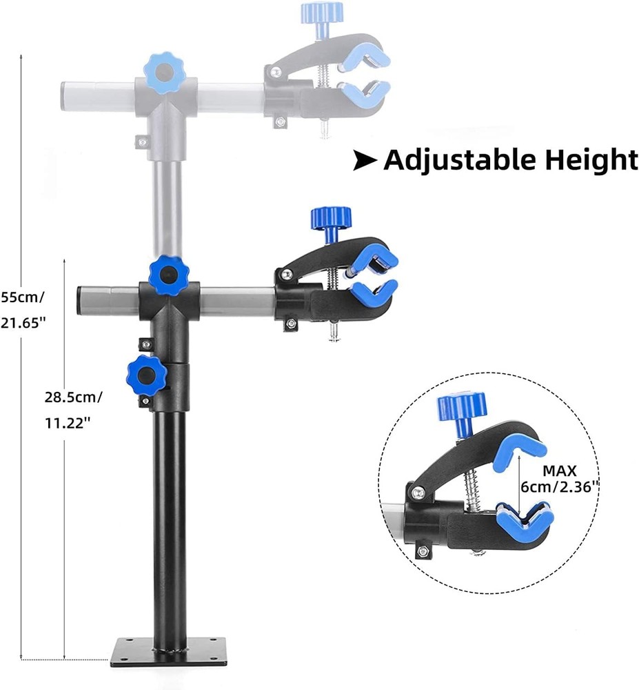 Wall-mounted adjustable bicycle repair stand.