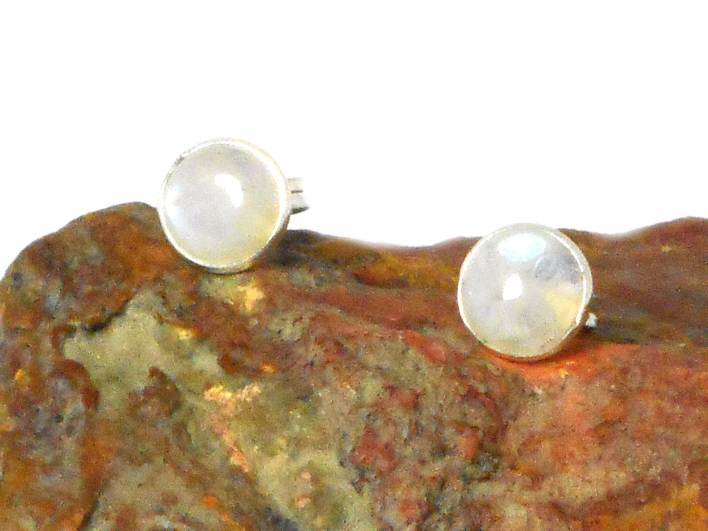 Round Rainbow MOONSTONE Sterling Silver 925 Gemstone Stud Earrings - 8 mm