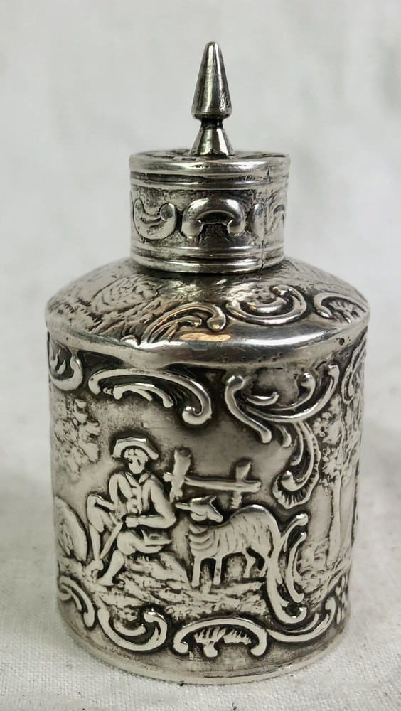 ANTIQUE SOLID SILVER MINIATURE TEA CADDY, REPOUSSE, DUTCH / ENGLISH, VICTORIAN