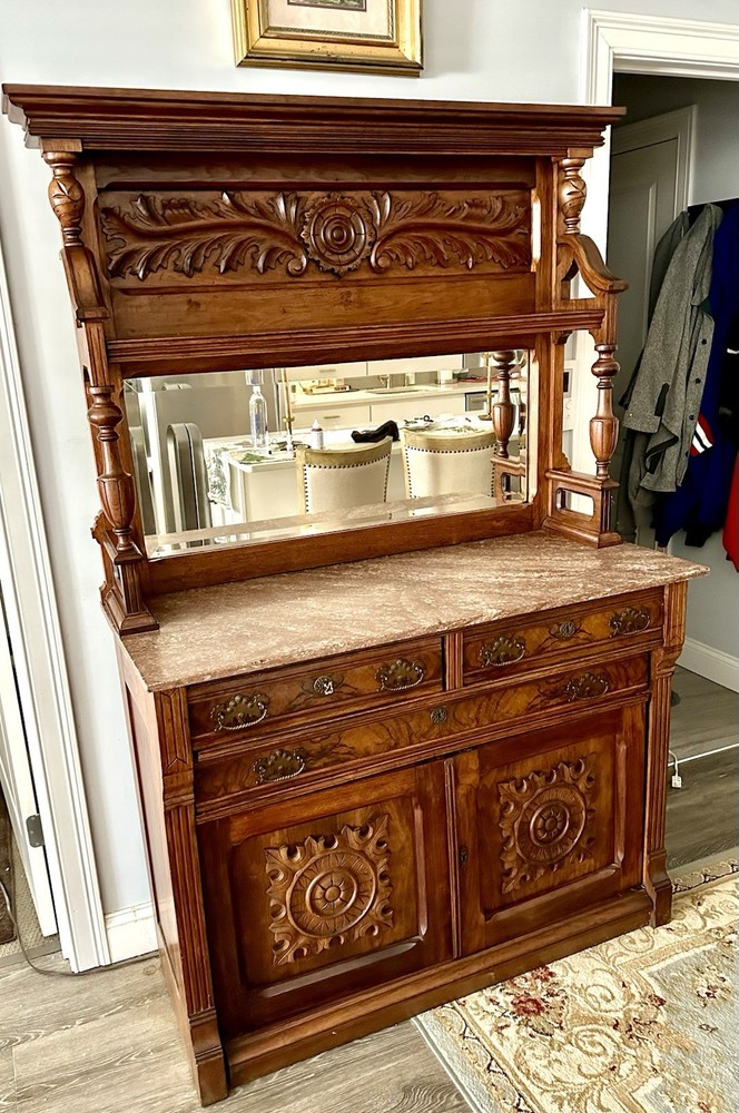 Antique Sideboard Victorian Burl Walnut Marble Top Buffet