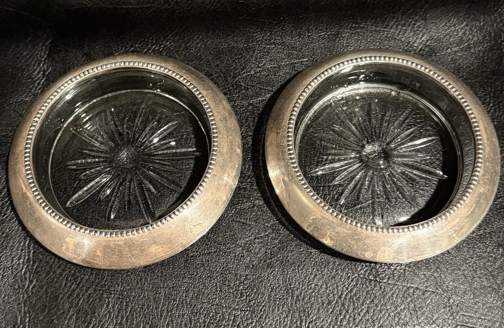 Sterling Silver Glass Coaster Pair