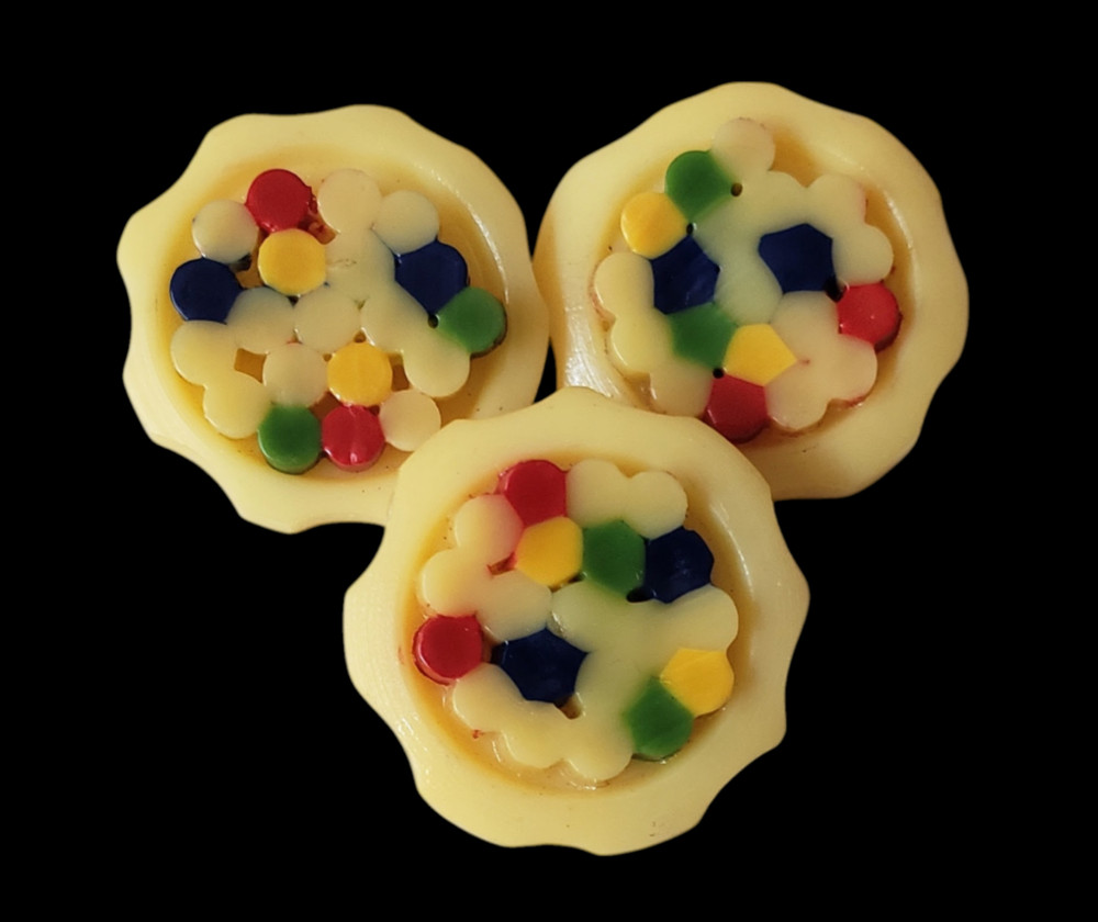 Set of Three Fun Multi-Color, Multi-Component Celluloid Buttons