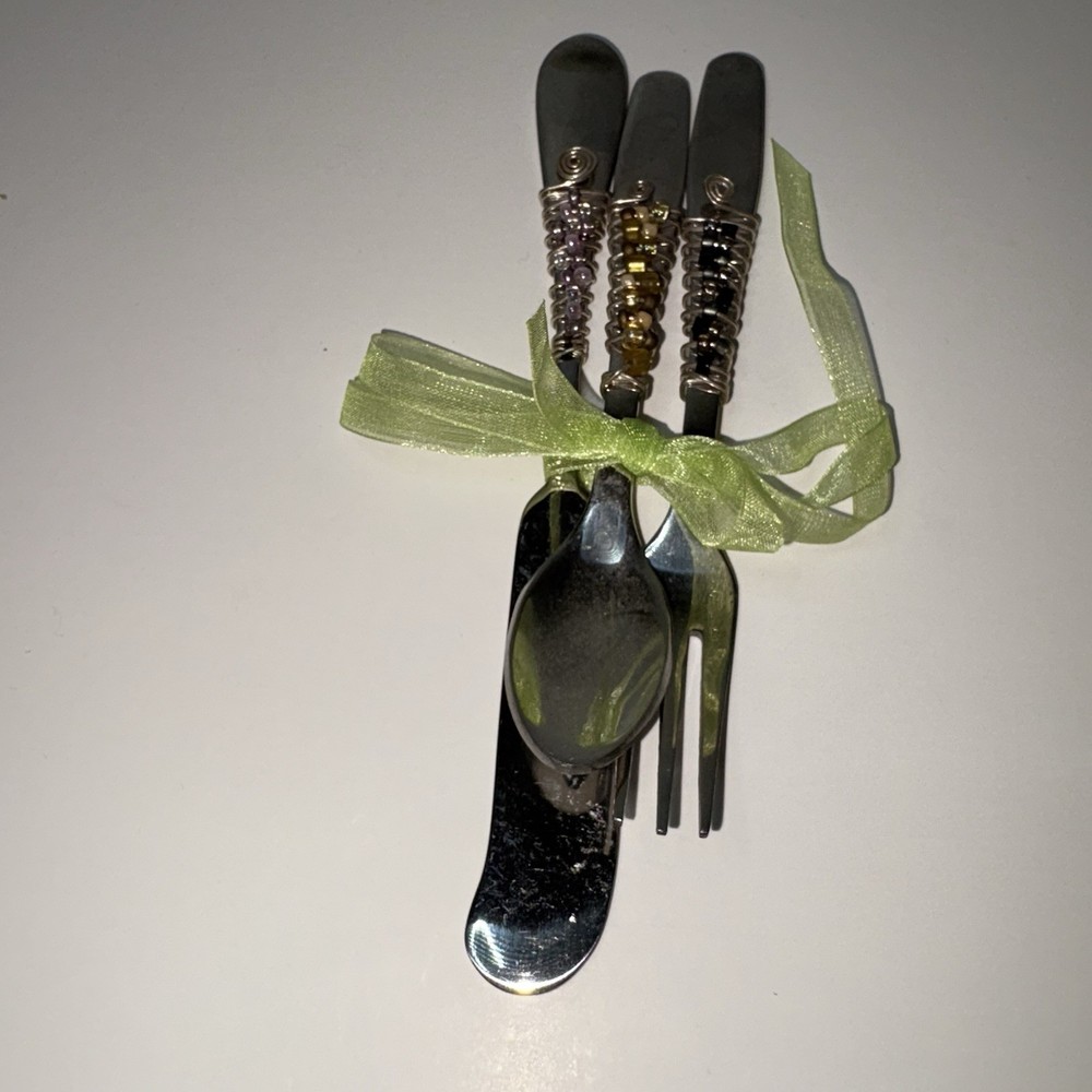 Hand Beaded Wire Wrapped Appetizer Small Spreader Fork and Spoon Set Stainless