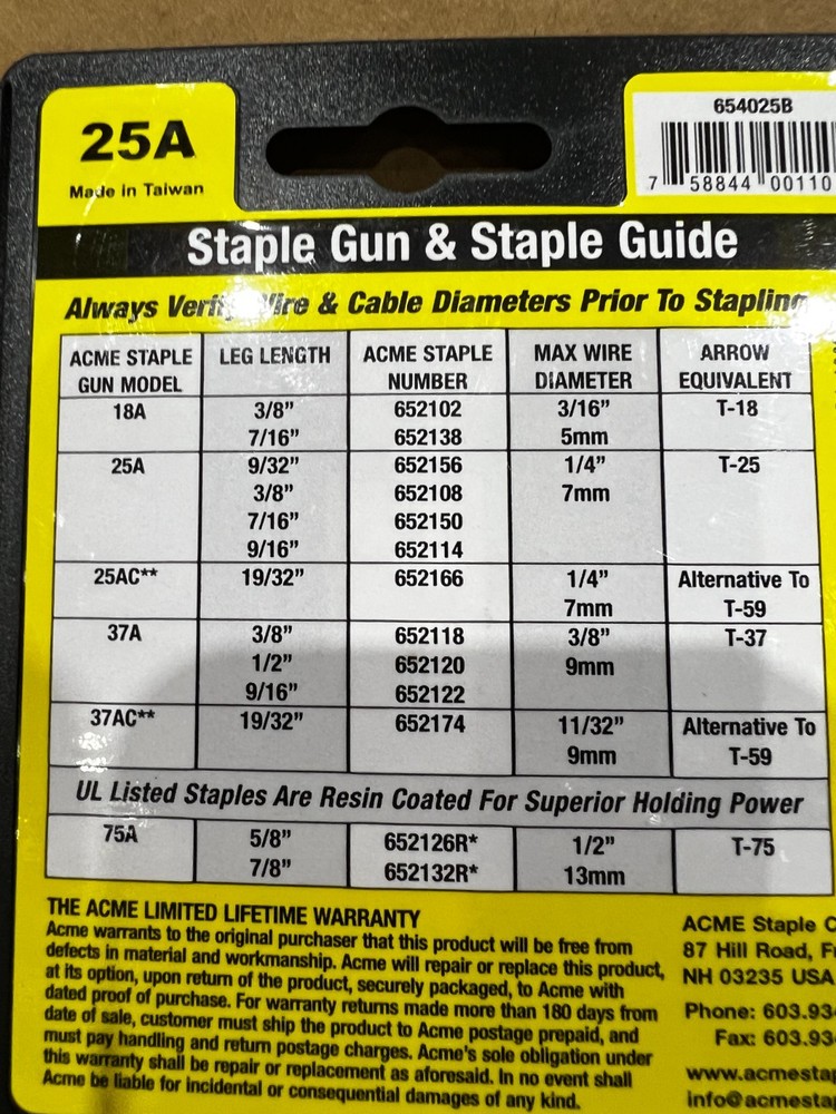 Acme 25A Cable Stapler, Bottom-Load, 1/4" Crown