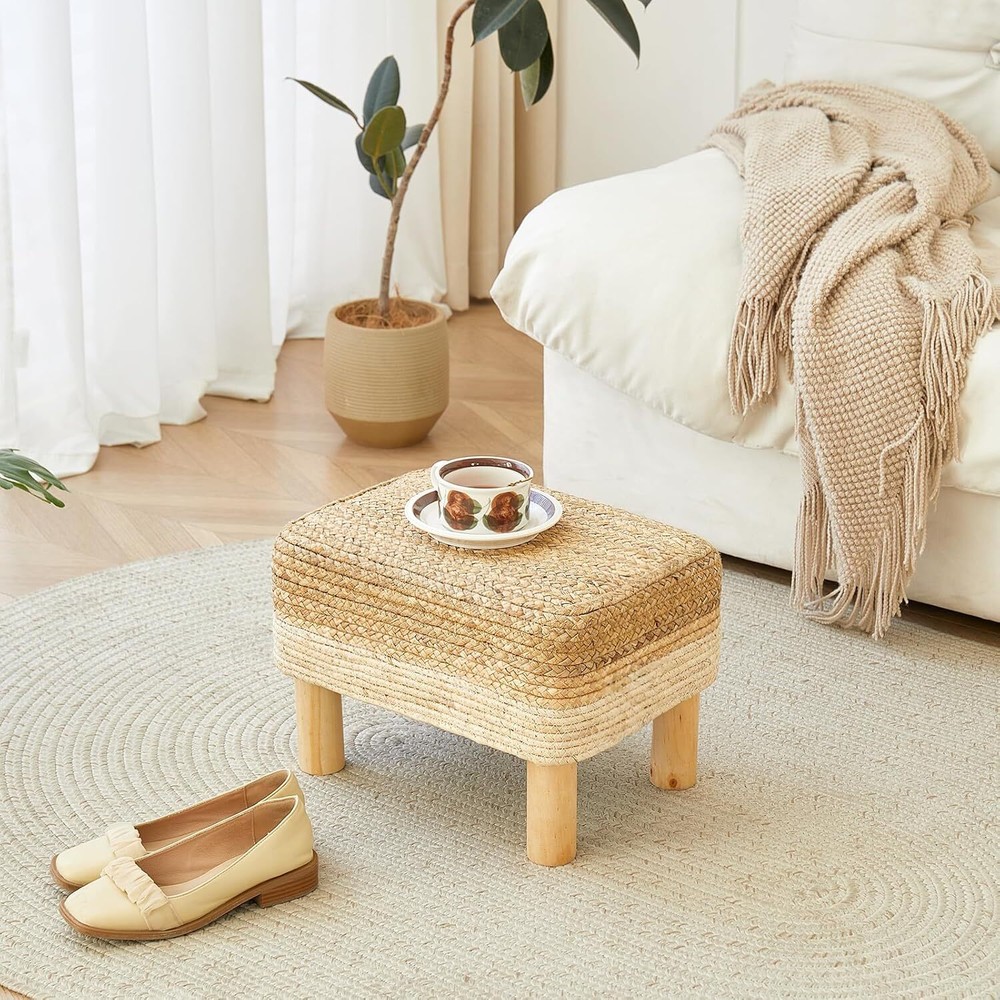 Rectangular Footstool Seagrass Footstool, Hand-Woven Dressing Stool, White