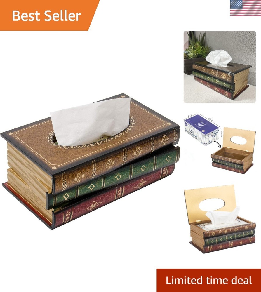 Crafted Classical Retro Wooden Antique Book Tissue Box Cover Rectangular Tiss...