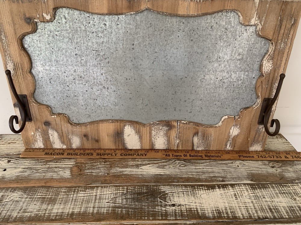 Wall Mount 27”x 16” Framed Galvanized Magnetic Board W/Hooks Rustic Distressed
