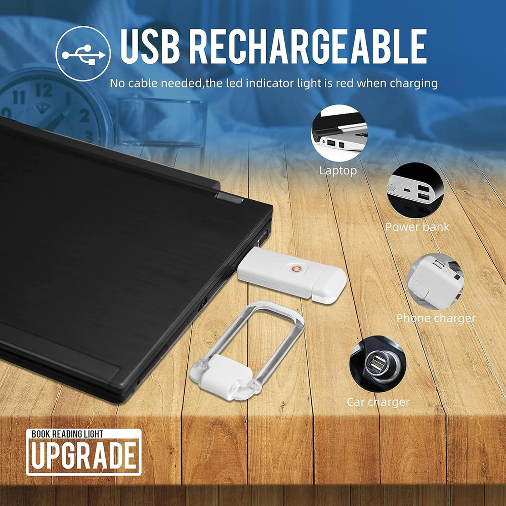 USB Rechargeable LED Clip-On Book Light with Adjustable Brightness for Reading