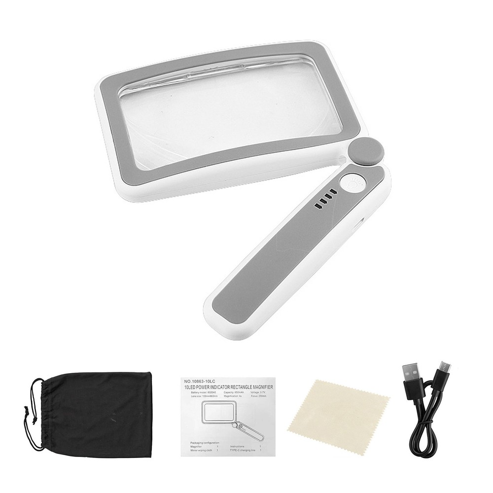 Rechargeable Rectangular Magnifier 4x 10 Led Light Touch Control For Needlework