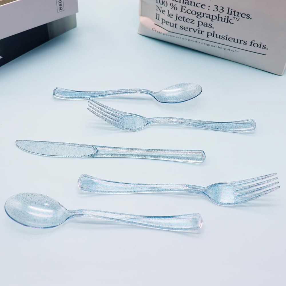 150 Pack Blue Plastic Silverware, Glitter Silverware 150,