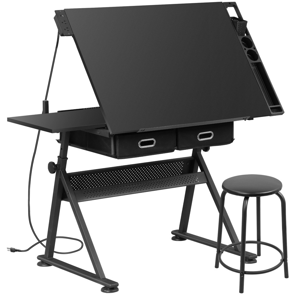 Adjustable Drafting Table with Outlet Artist Drawing Table with Stool Black