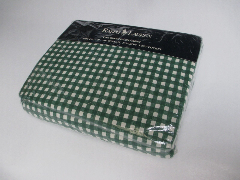 New Ralph Lauren Medium Gingham Forest Green Fitted Sheet - Queen