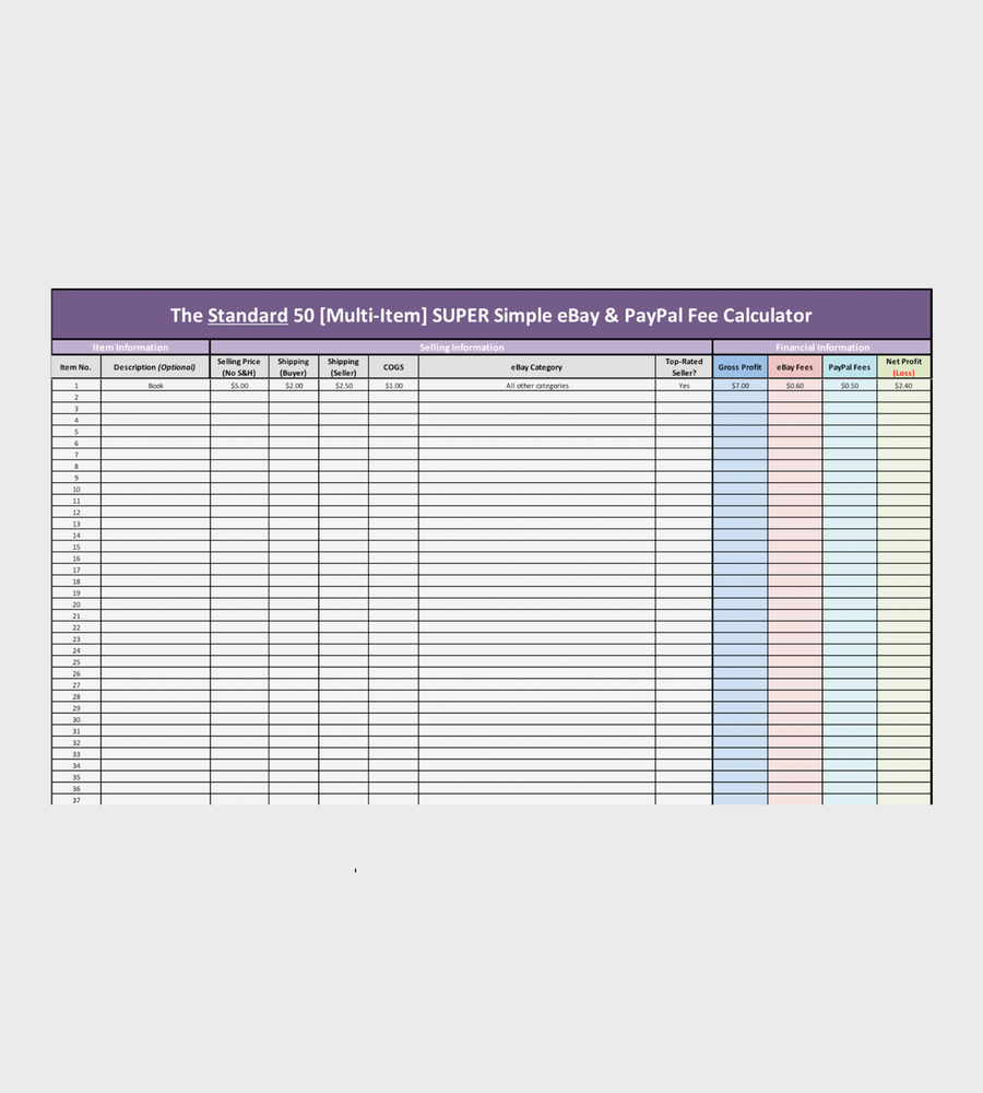 Standard 50X Multiple Item eBay & PayPal Fee Calculator Microsoft Excel + FREE