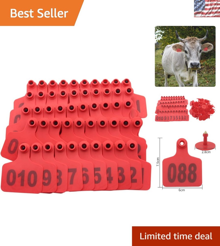 Red Cattle Ear Tags 001-100: Durable Plastic Tags for Efficient Animal ID